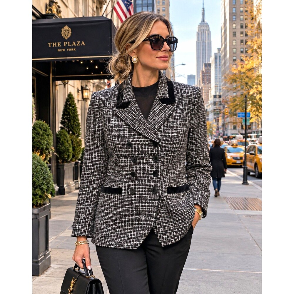 Vintage 90s Tweed Blazer, Equestrian Velvet Trim, Dark Academia, Petite 14